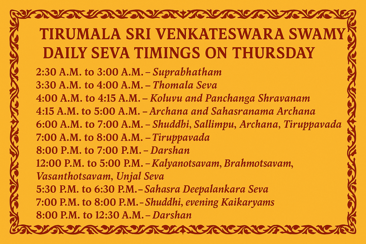 Tirumala Sri Venkateswara Swamy Daily Seva Timings on Thursday
